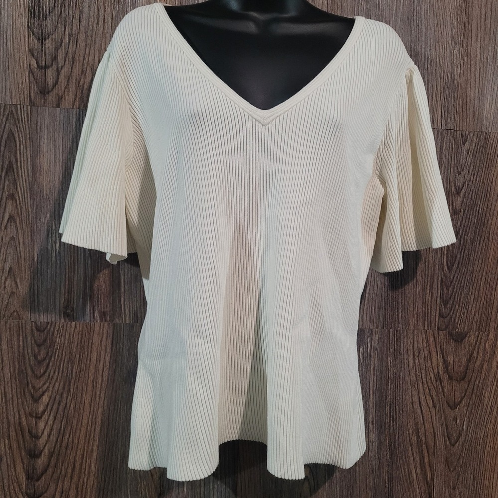 MILLY Rib Knit Flutter Sleeve Blouse Sz L Ivory V-Neck Heavyweight Formal Bridal